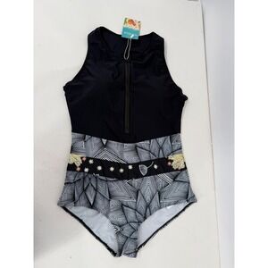 Aonihua Womens Black Geometric Floral Zip Front One Piece Swimsuit Size L NEW